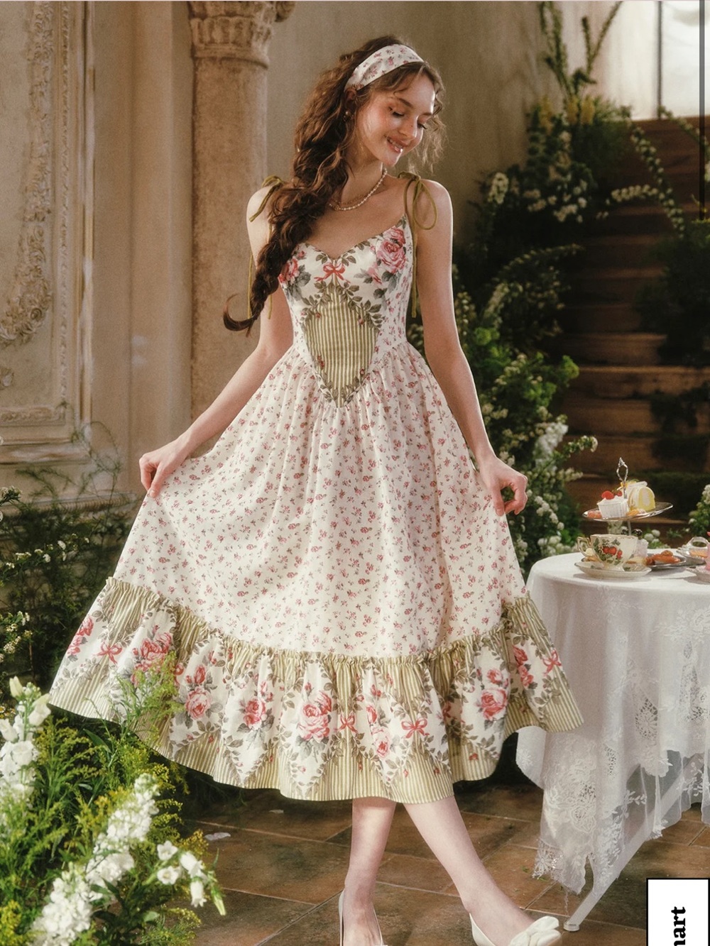 Vintage-Inspired Floral Midi Dress with Pink Roses - White/Pink